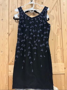 Vintage Scala Black Midi Dress with Beaded Vine Embroidery